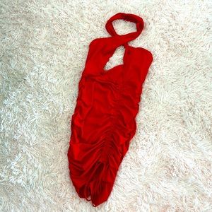 Red Cut Out Drawstring Backless Halter Dress
